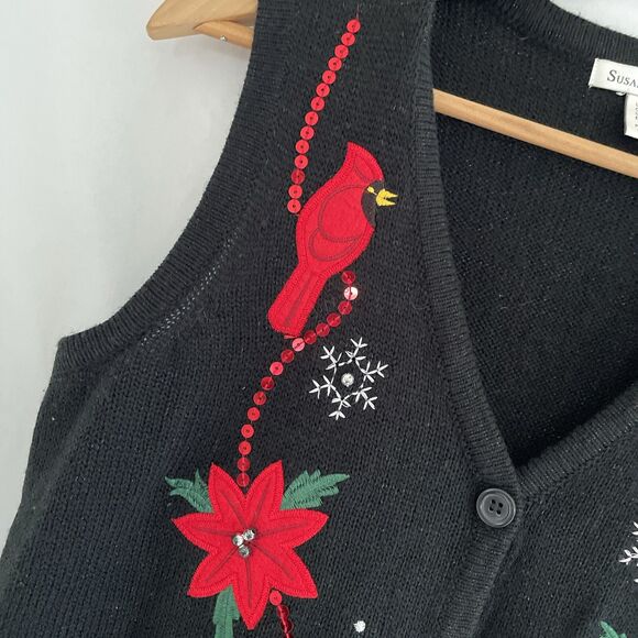 VTG Susan Bristol Christmas Holiday Vest Red Cardinals Birds Sequins Poinsettia - Picture 6 of 8